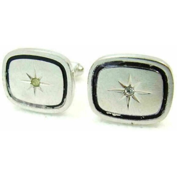 Men Vintage Cufflinks Rectangle Black Enamel Star Center Bullet Silver To - Picture 12 of 12